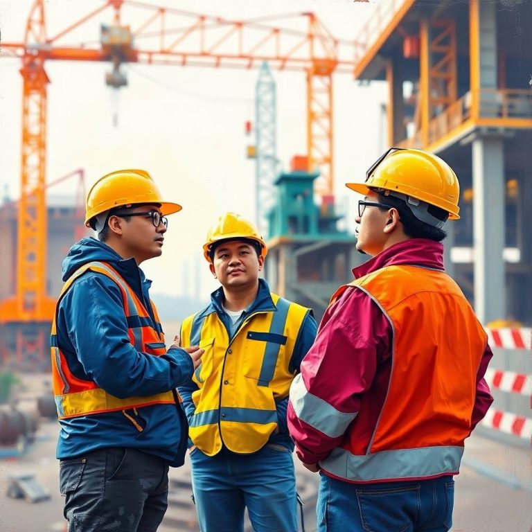 Ein Team von Ingenieuren diskutiert technische Zeichnungen in einer modernen Fabrikumgebung.