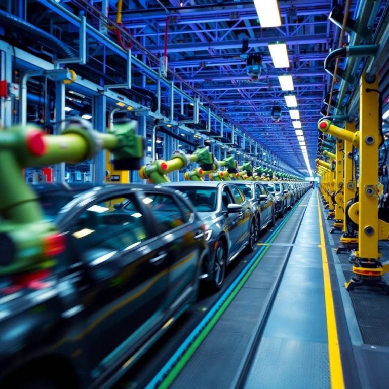 Moderne Produktionslinie für Fahrzeuge mit Robotern und Fahrzeugkarosserien.